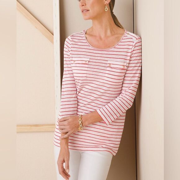 Chico’s Striped Knit Linen Pocket 3/4 Sleeve Tee Blouse Size XL - Picture 1 of 10